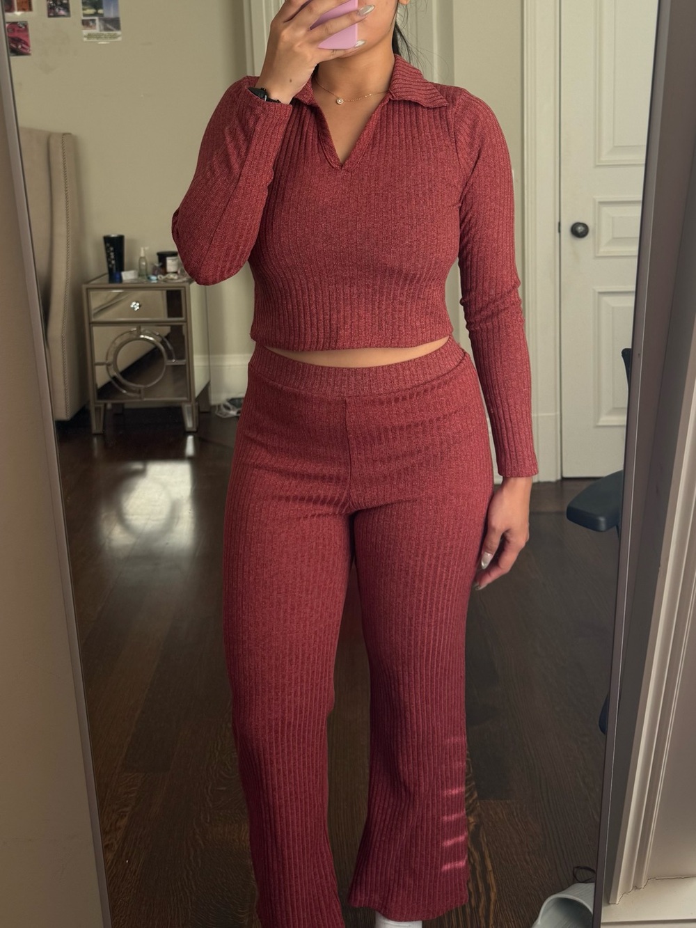 Olivia Rae Ribbed Collared Crop Top & Wide-Leg Pants - Brick Red